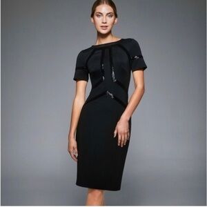 TADASHI SHOJI Black Stretch Short Sleeve Sheath Dress